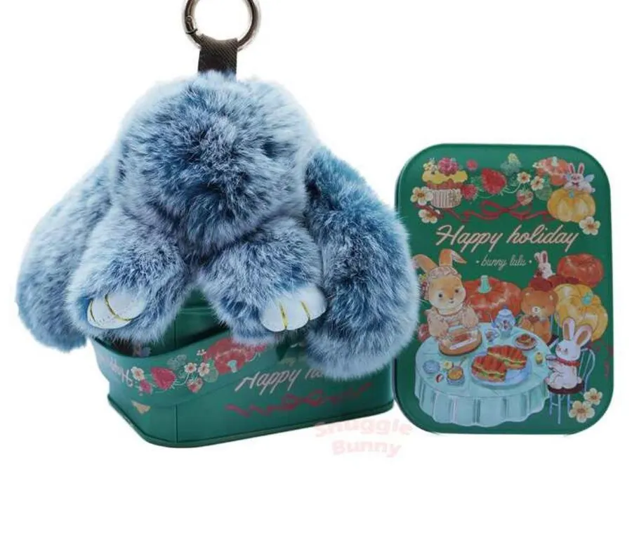 NIB Blue SnuggieBunny Keychain In Happy Holiday Tin. Perfect For Adult/Child New In Tin Giftable Holiday Gift Christmas Gift Stocking Stuffer No refunds returns or cancellations