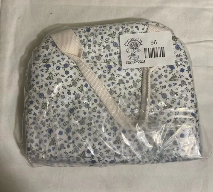 Floral Quilted Insulated Lunch Tote Bag Blue White Cotton Reusable Carry Bag