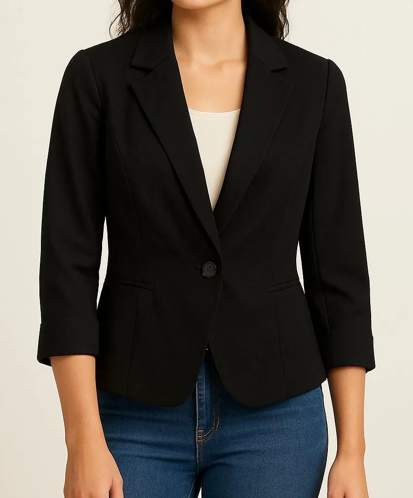 Lux Blazer Women Large Navy Blue 3/4 Sleeve Cropped Single Button Professional