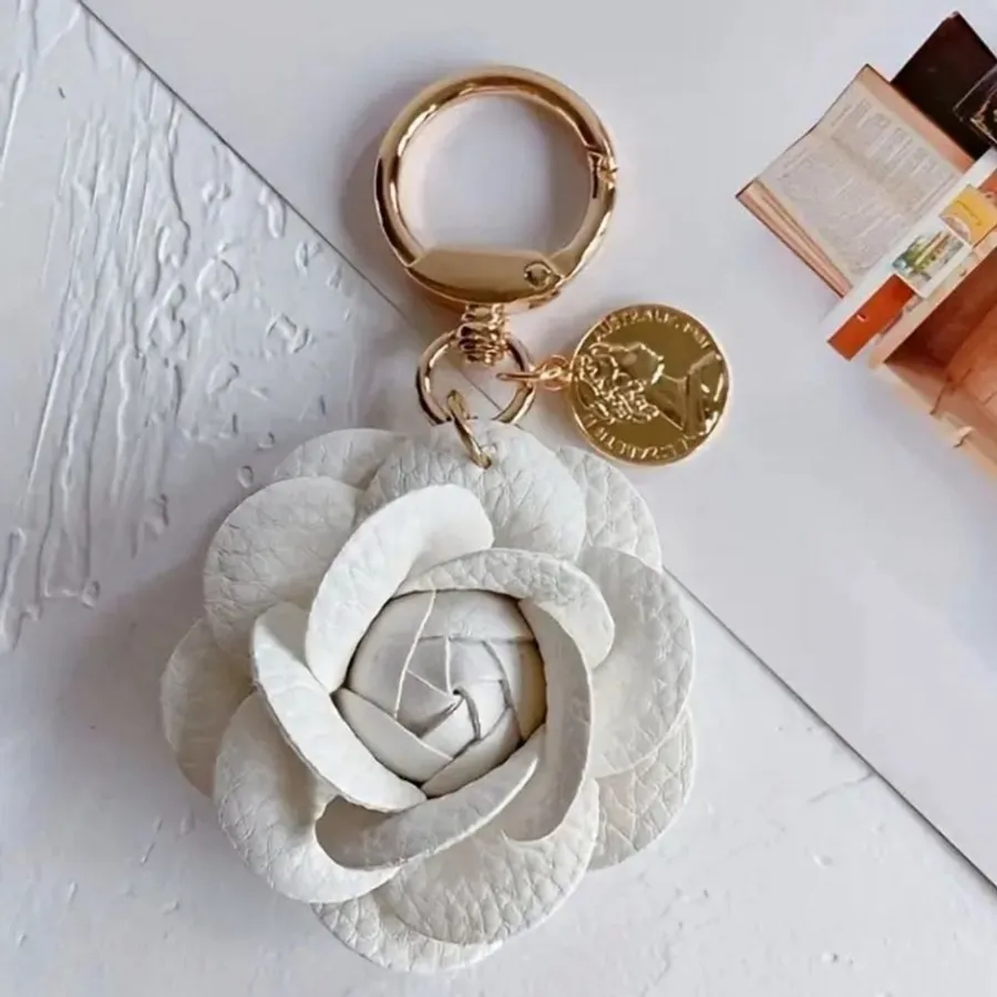 NEW Camellia Rose Bag Charm Keychain | White Vegan Leather Floral Charm