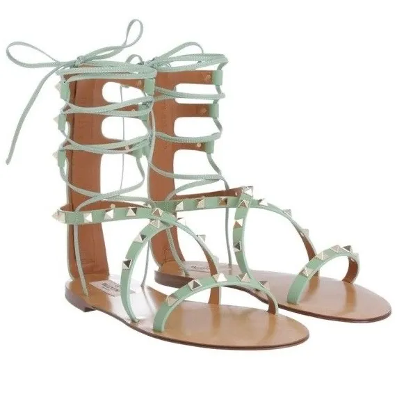 Valentino Rockstud flat lace-up mint green leather gladiator sandals size IT 37