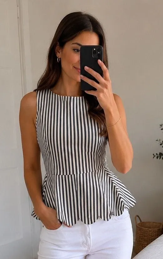 Banana Republic Striped Peplum Top | Navy White | Size 0 | Scalloped Hem