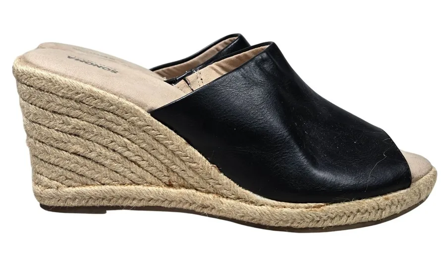 SONOMA Womens Black Espadrille Wedge Mules Sandals Size 9.5 Slip On Peep Toe