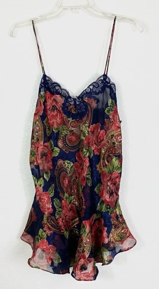 Vintage 80’s Victoria’s Secret Gold Label Navy & Red Floral Paisley Slip Chemise