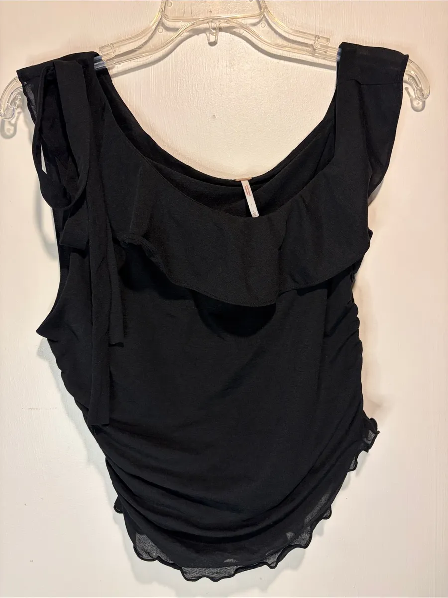 Free People Black Ruffled Side Ruched Right Shoulder Tie Sleeveless Top SZ L