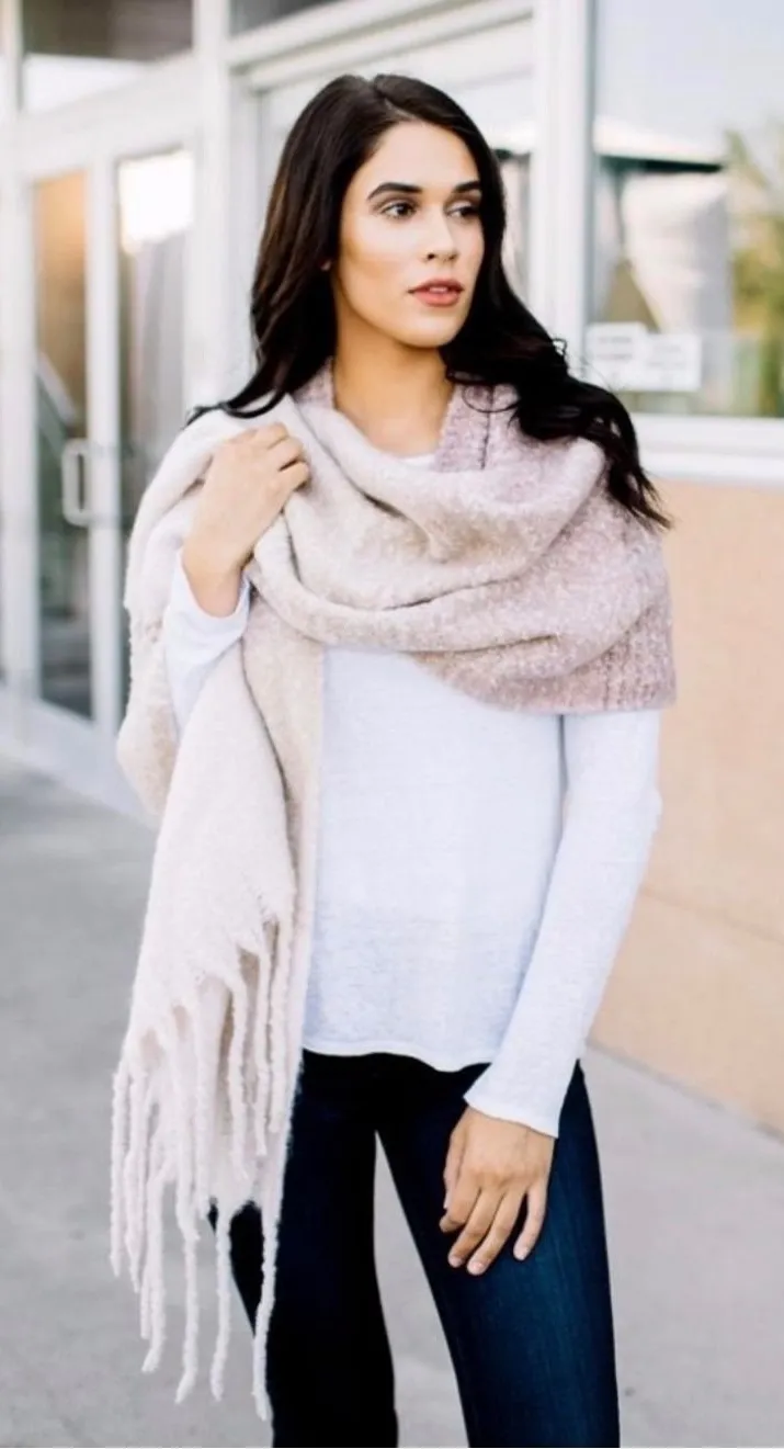 Mer|Sea Ombre Knit Shawl Women OS Pink Beige Excellent Fringe Tassel Wrap Scarf