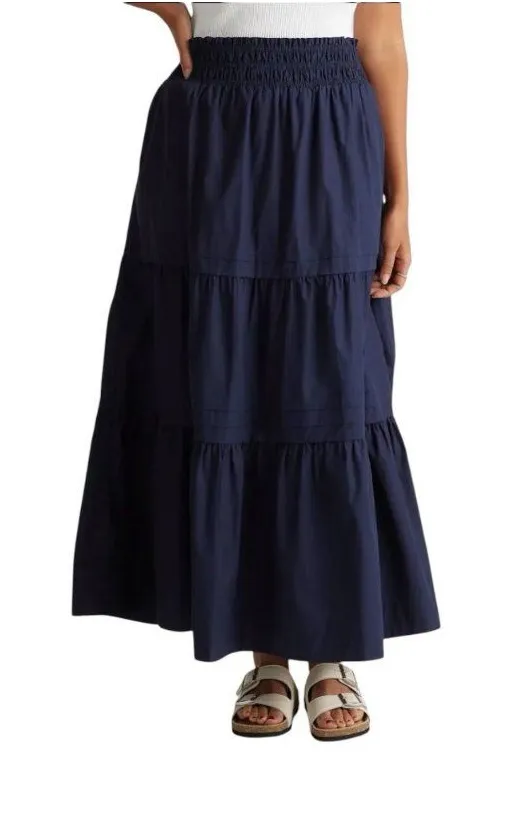 Quince Womens 100% Organic Cotton Poplin Tiered Maxi Skirt Navy XS Boho NWT