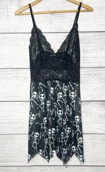 ROMWE Sheer Black Lace Gothic Skeleton Print Lingerie Nightdress Size XL