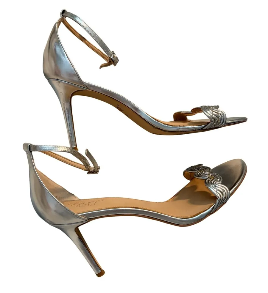 Jewel Badgley Mischka Heeled Sandals Stiletto Silver Braided Strap 8.5