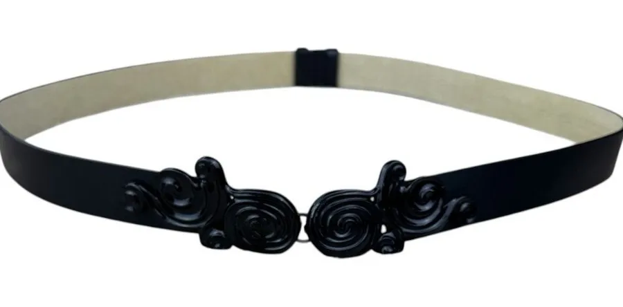 Chico's Black Leather Adjustable Belt M/L Decorative Black Scroll Buckle Boho