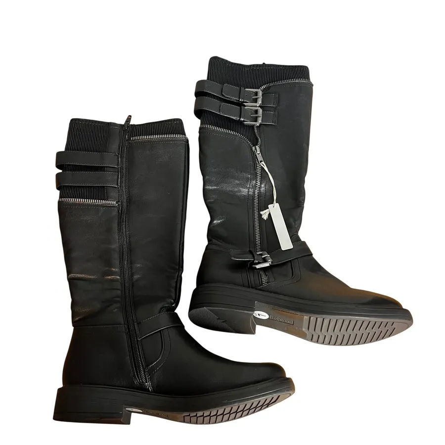 White Mountain Mazed Boots Womens Sz 7 Black Tall Moto Buckle Edgy Biker NEW