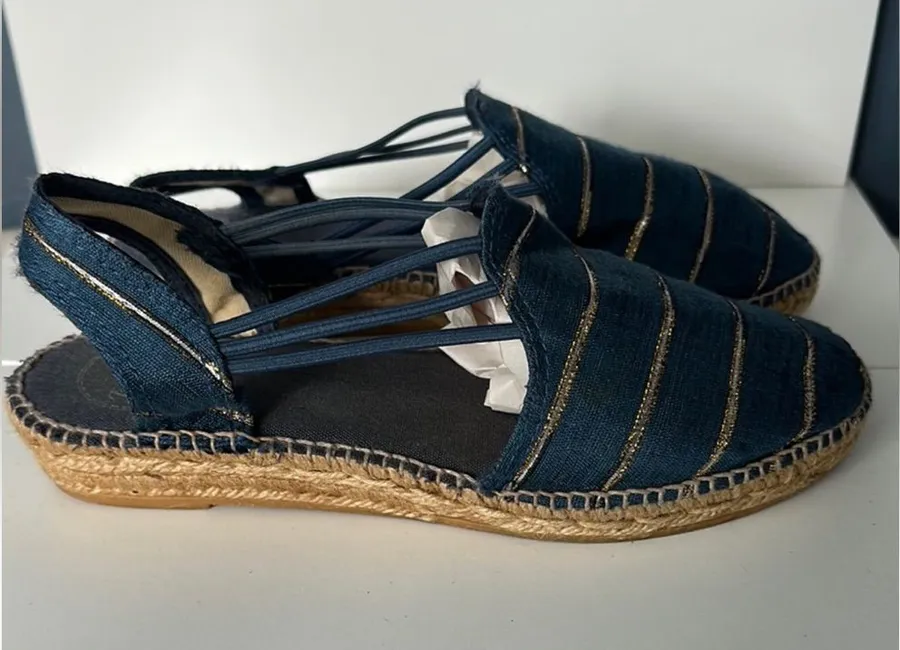 Toni Pons Blue and Gold Espadrilles with Braided Jute Sole Size 7