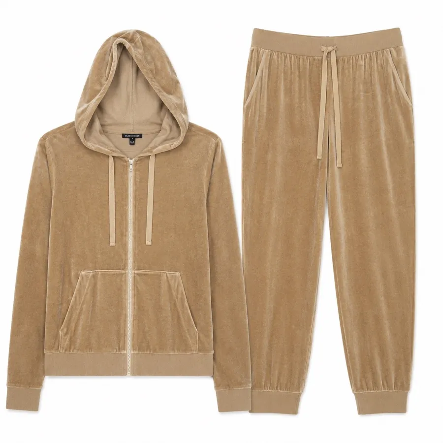 Eileen Fisher Velour Lounge Set Hoodie Jogger Pants Organic Cotton Medium