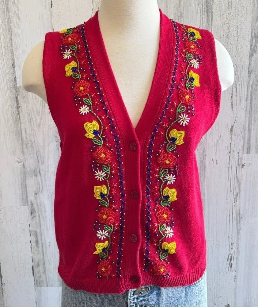 Vintage Floral Embroidered beaded Vest small Unique Embellished Knit boho Red