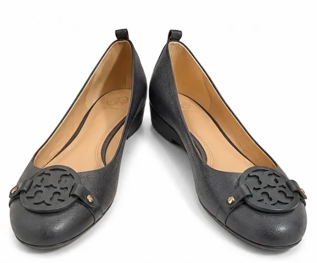 Tory Burch Navy Blue Leather Logo Round-Toe Ballet Flats