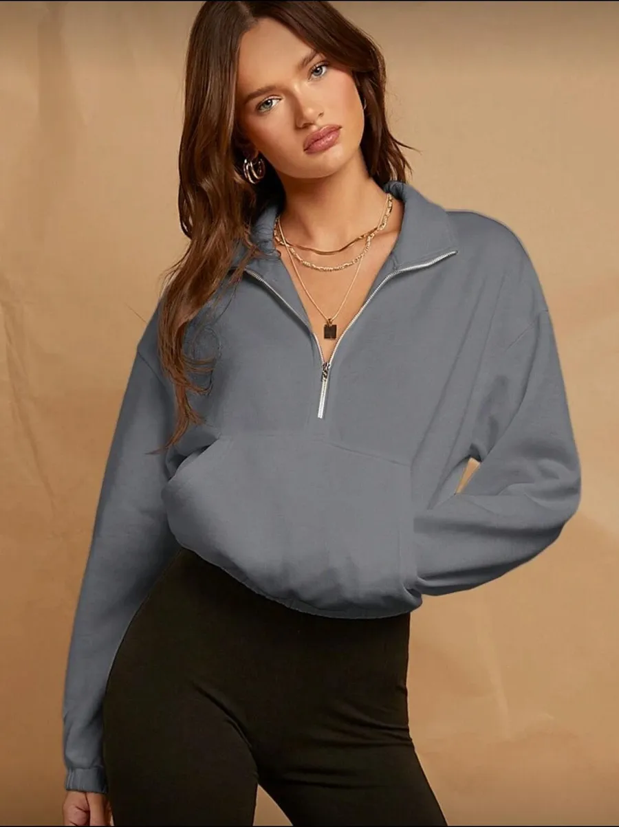 SHEIN EZwear Drop Shoulder Zip Half Placket Sweatshirt