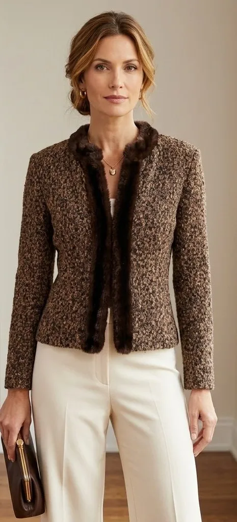 Rabbit Rabbit Rabbit Brown Bouclé Jacket with Faux Fur Trim Size 2