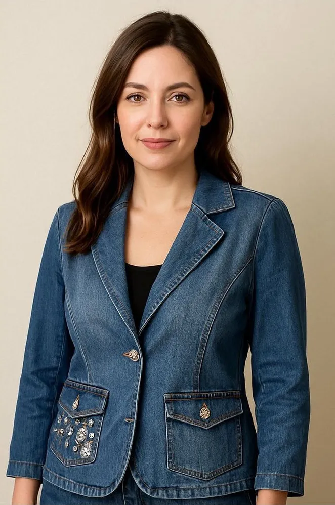 Stylish Vintage Denim Jacket Embellishments rhinestone buttons teacher granny Blue Size L