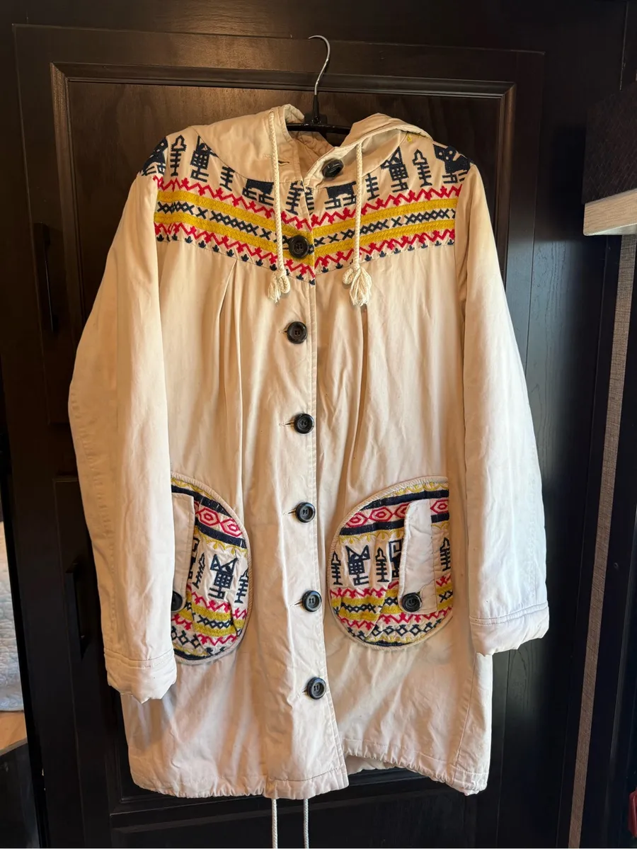 Ribbonwork USA Hooded Nordic Embroidered Cotton Parka Jacket Small Boho Blue