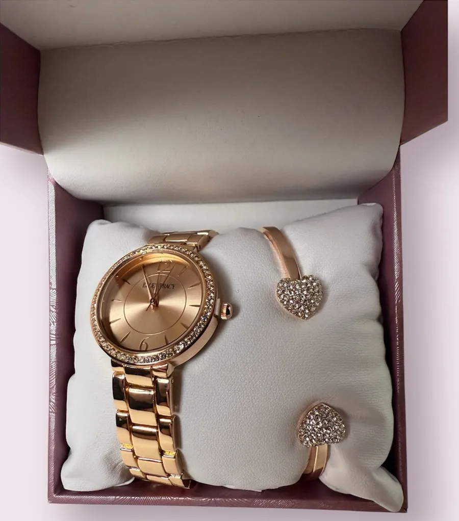 Ellen Tracy Rose Gold Watch and Heart Bangle Bracelet