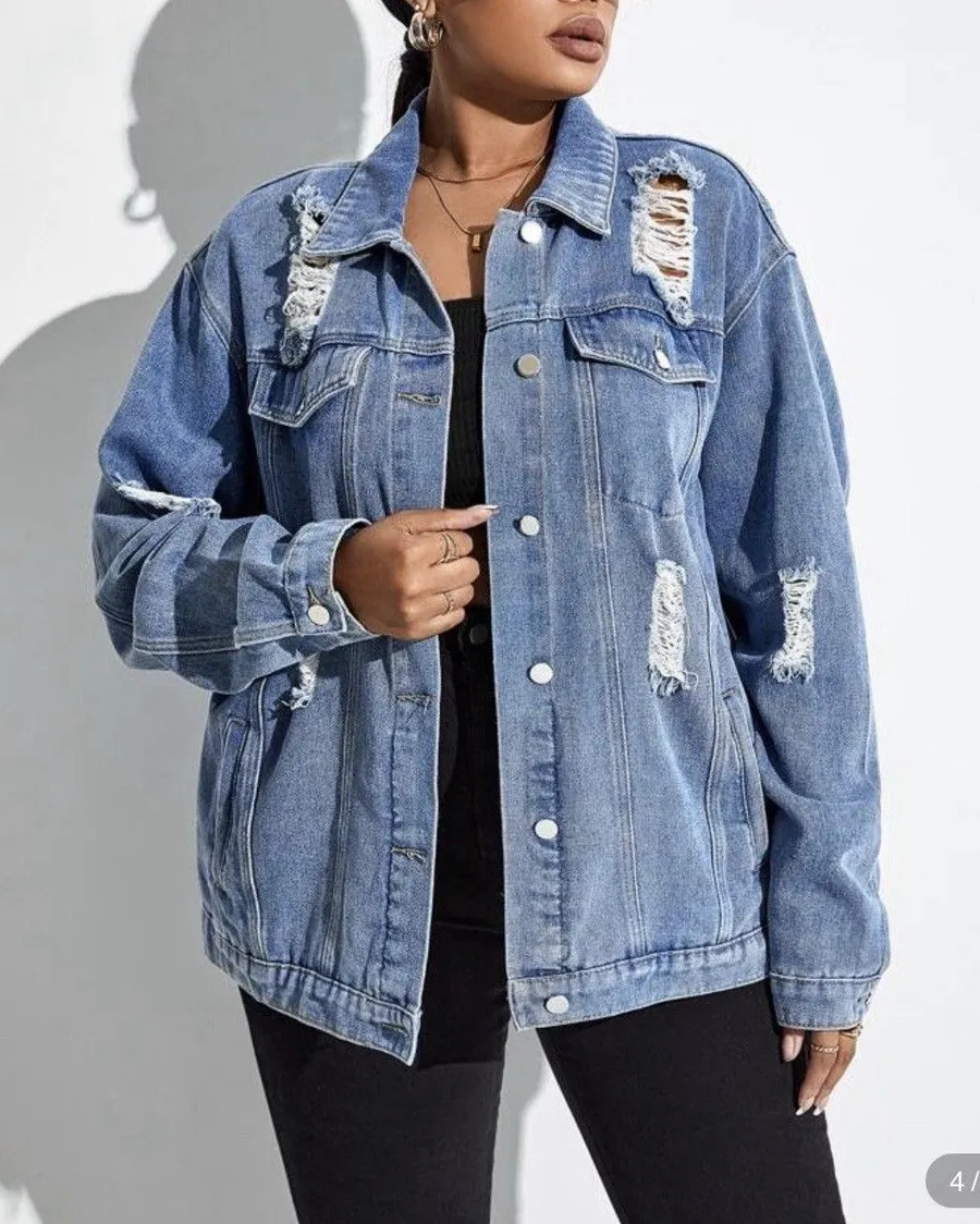 SHEIN Curve Women’s Plus Ripped Drop Shoulder Denim Jacket 1XL Blue Long Sleeve