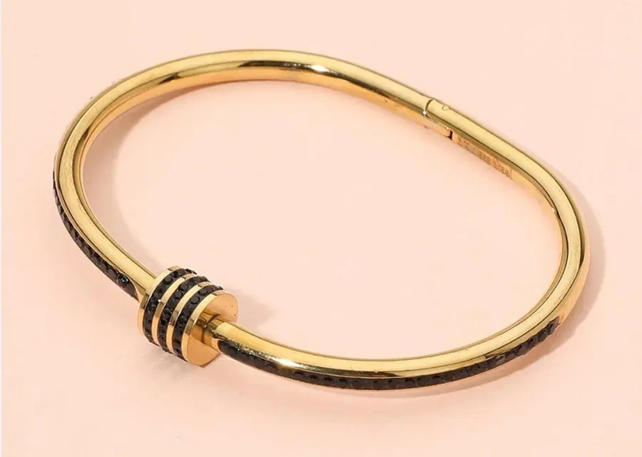 Stainless Steel Stone Accent Hinged Bangle Bracelet Gold