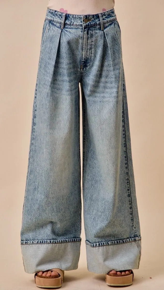 SO ME Mid Rise Plated Wid Leg Denim Jean