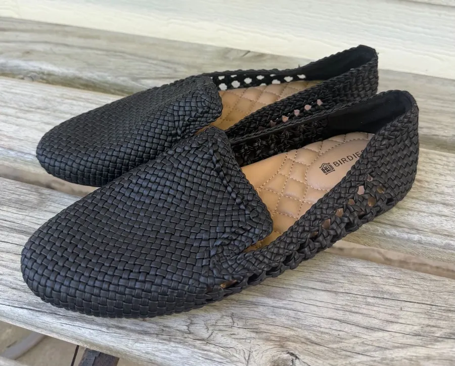 Birdies The Starling Woven Flats Black Vegan Leather Smoking Slipper Size 7