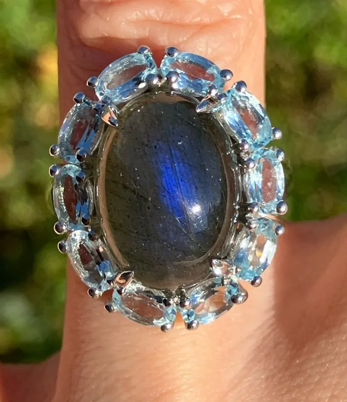 Genuine Labradorite Blue Topaz Ring Size 7