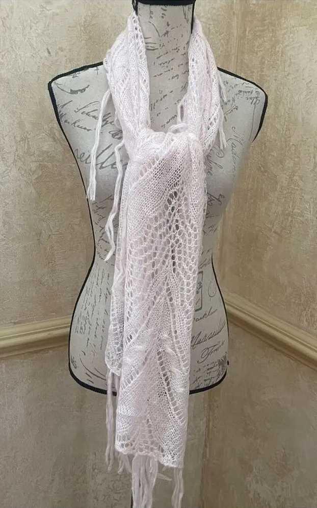 Fairycore Aesthetic Pointelle Knit Scarf with Fringe Trim Crochet Delicate Lace