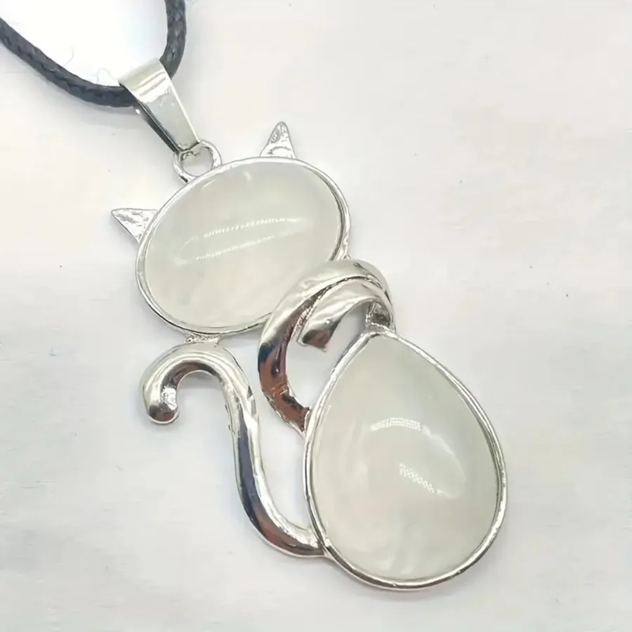 White Jade Natural Stone Cute Cat Pendant Necklace Silver