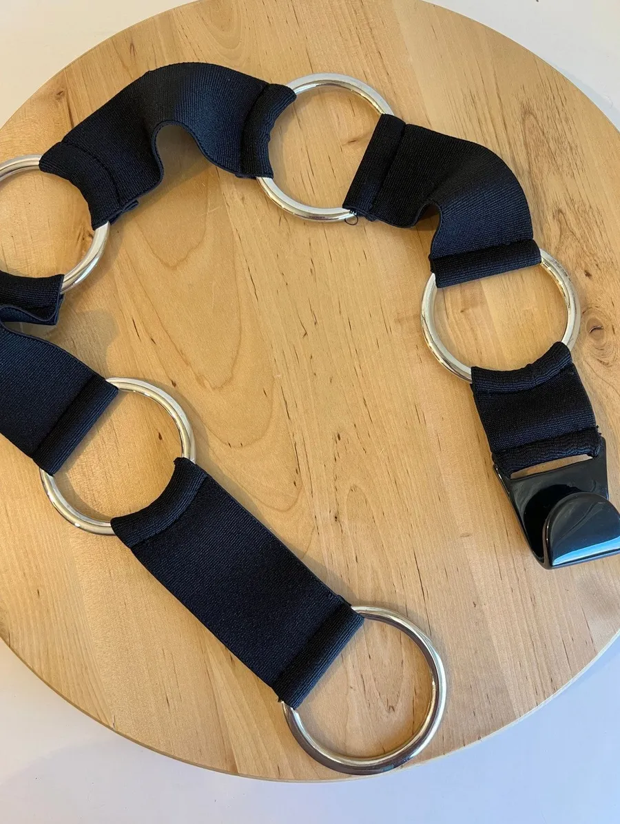Y2K Black Wide Elastic Stretchy Silver Round Chunky Hook Belt Size Large