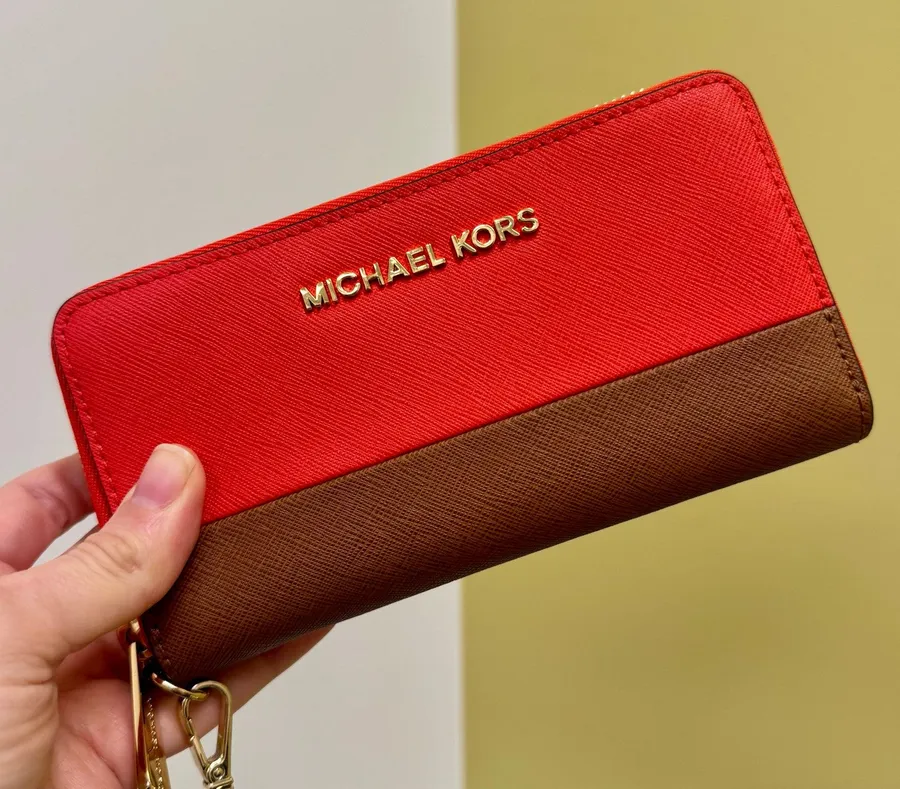 Michael Kors Coral Red Orange Leather Zipper Wallet Saffiano Organizer Slots