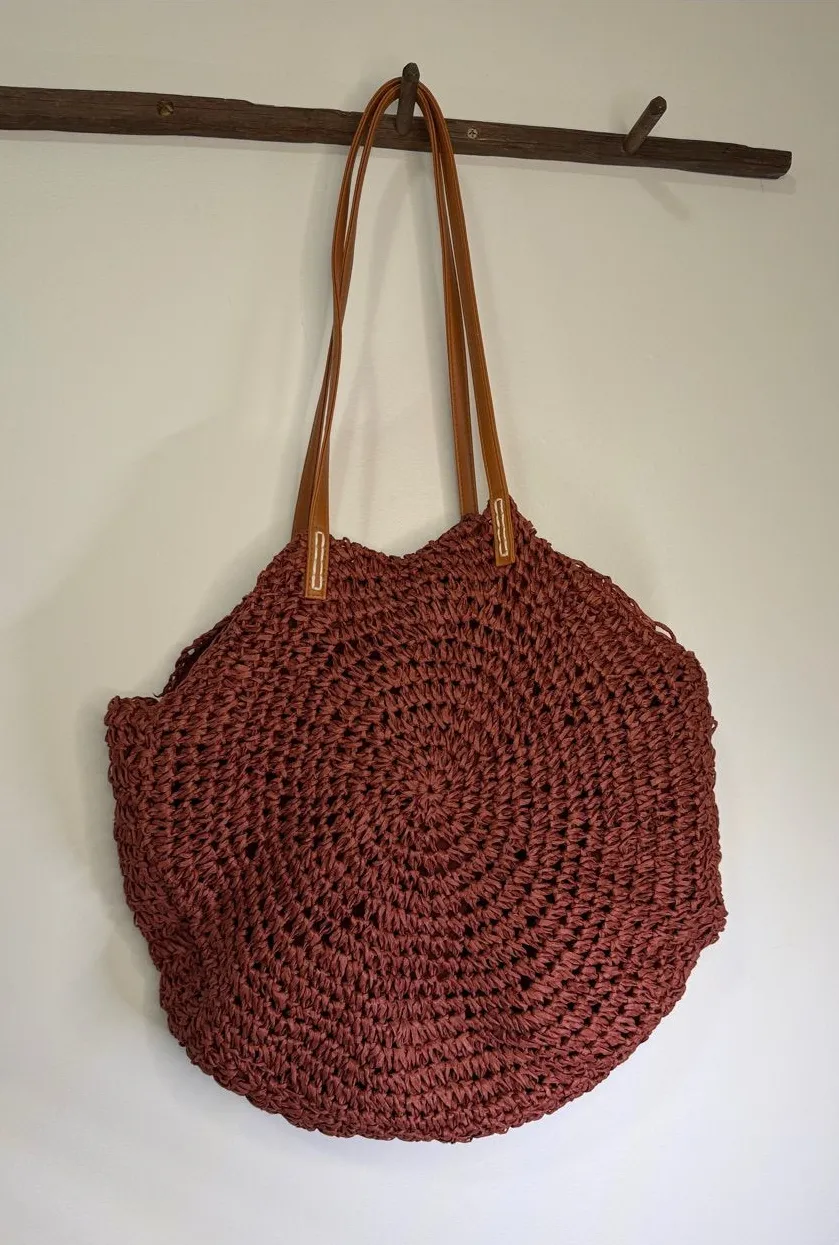 Woven Round Tote Bag in Terracotta with Leather Straps