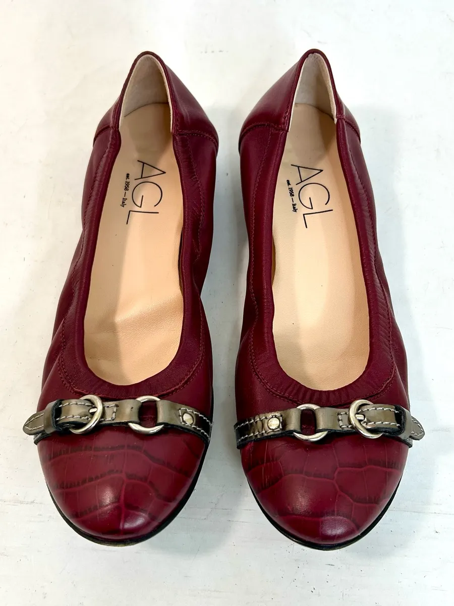 AGL Monika Cap Toe Ballet Flat in Burgundy Leather size 38.5 / 8.5 Red