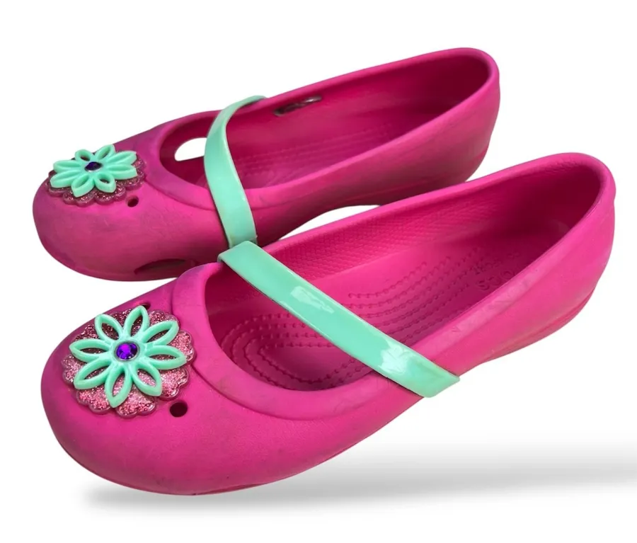 Crocs Womens J3 Pink Mary Jane Flats Mint Green Strap Flower Detail SKU-A31