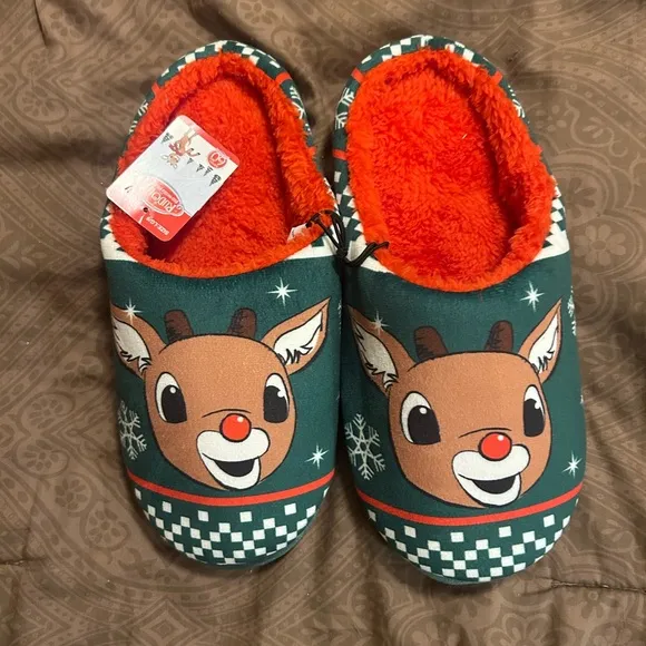 Festive Green Reindeer Slippers with Plush Lining Size undefined
