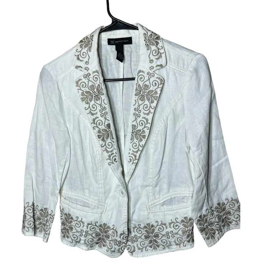 INC International Concepts Blazer Women’s White Linen Embroidery 2P White Size undefined