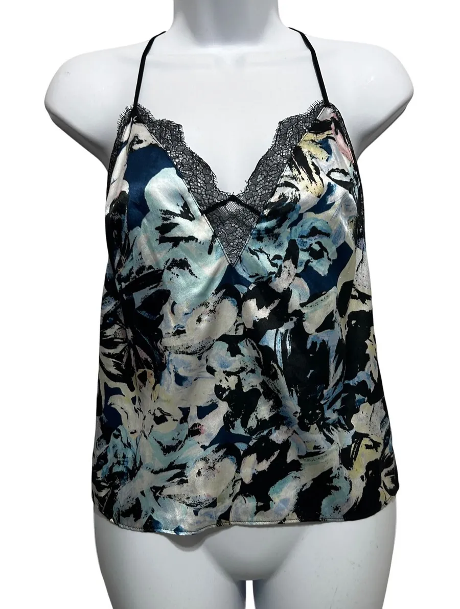 Victoria Secret Satin Lace Cami Slip Top S Blue Floral Y2K Coquette Indi Layer