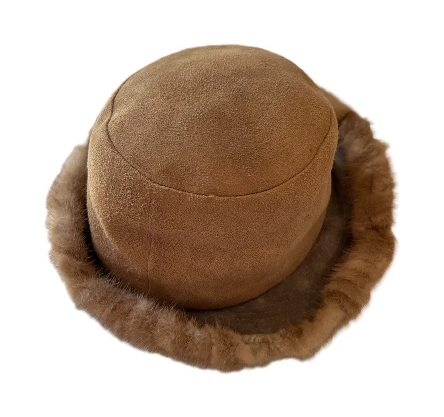 Vintage Genuine Fur Trim Leather Winter Bucket Hat Beige Size 22 Cold Weather