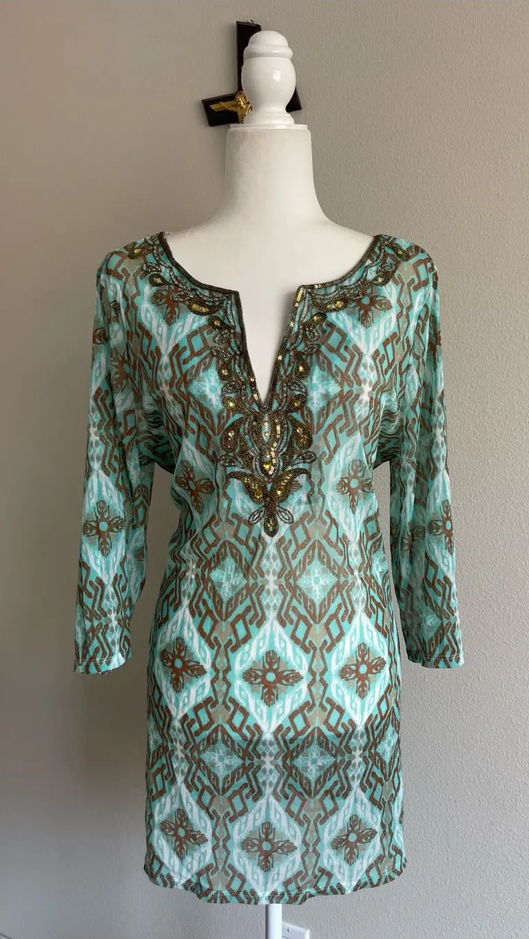 Embellished Aqua and Gold Patterned Women's Beach Cover Up Blue Size XL