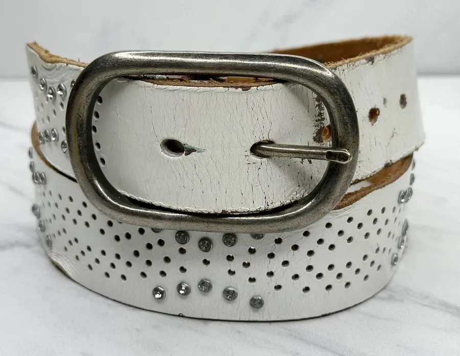 White Rhinestone Genuine Leather Belt Womens Size Large (L) ✨