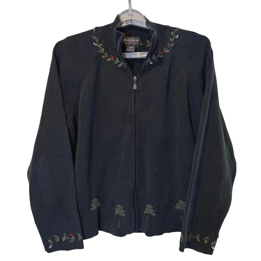 Woolrich Full Zip Sweater Embroidered Christmas Mock Neck Knit Size Large