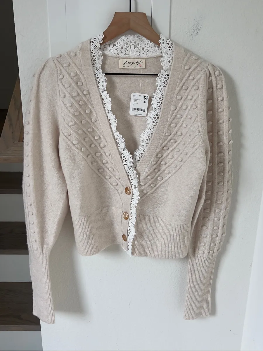 Free People Lace SoftSpun Long Sleeve Cardi Cardigan Sweater in Ivory NWT