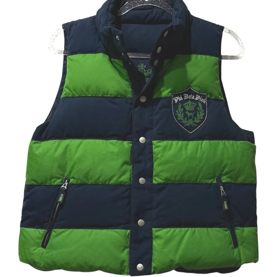 VTG Victoria's Secret PINK Puffer Vest Navy Green Crest Graphic M / L