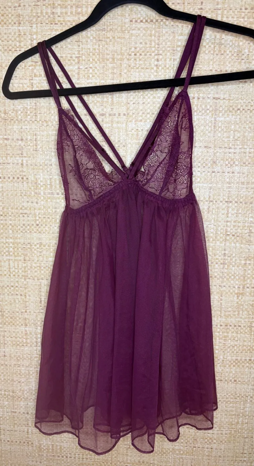 Victoria's Secret Plum Purple Lace Mesh Strappy Babydoll Chemise Lingerie M
