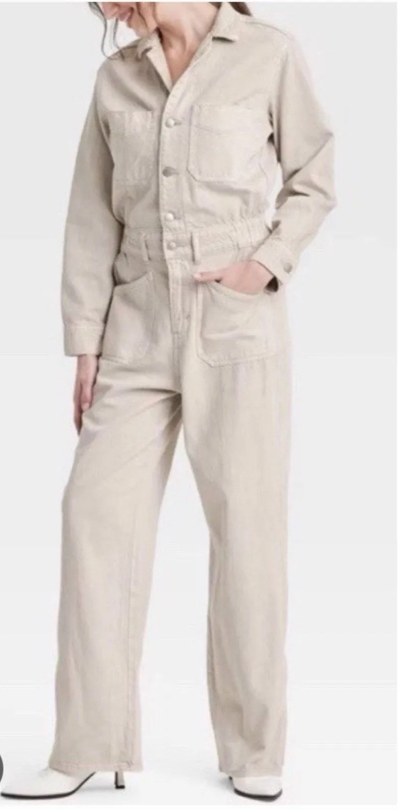 Universal Thread Utility Jumpsuit Women’s 6 Beige Wide Leg Button Front