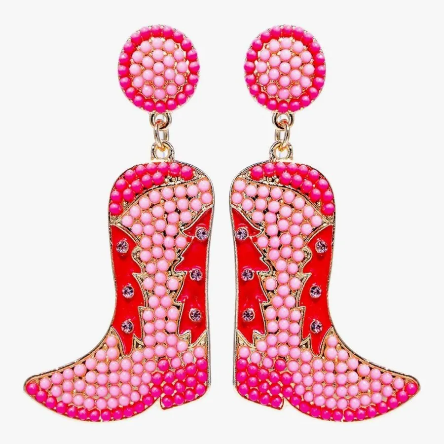 Beaded Cowgirl Boot Glitter Rhinestone Western Vibrant Pink Beaded Earrings