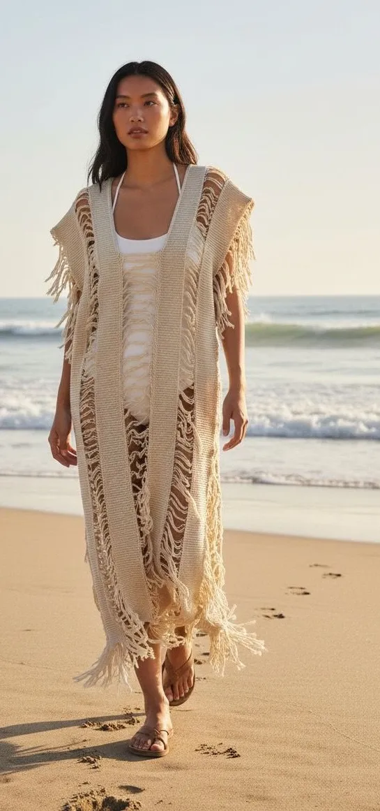 Oversized Fringe Beach Cover Tan