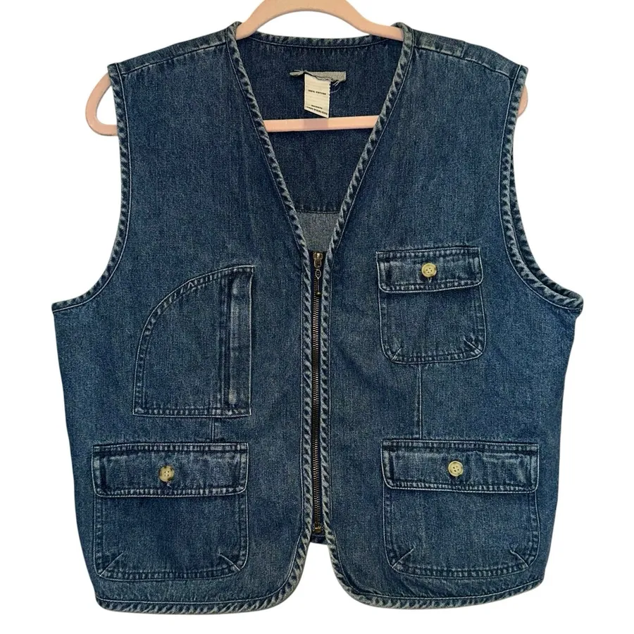 Vintage Haggar Denim Utility Vest Large Blue Zip Front Workwear Pockets 90s